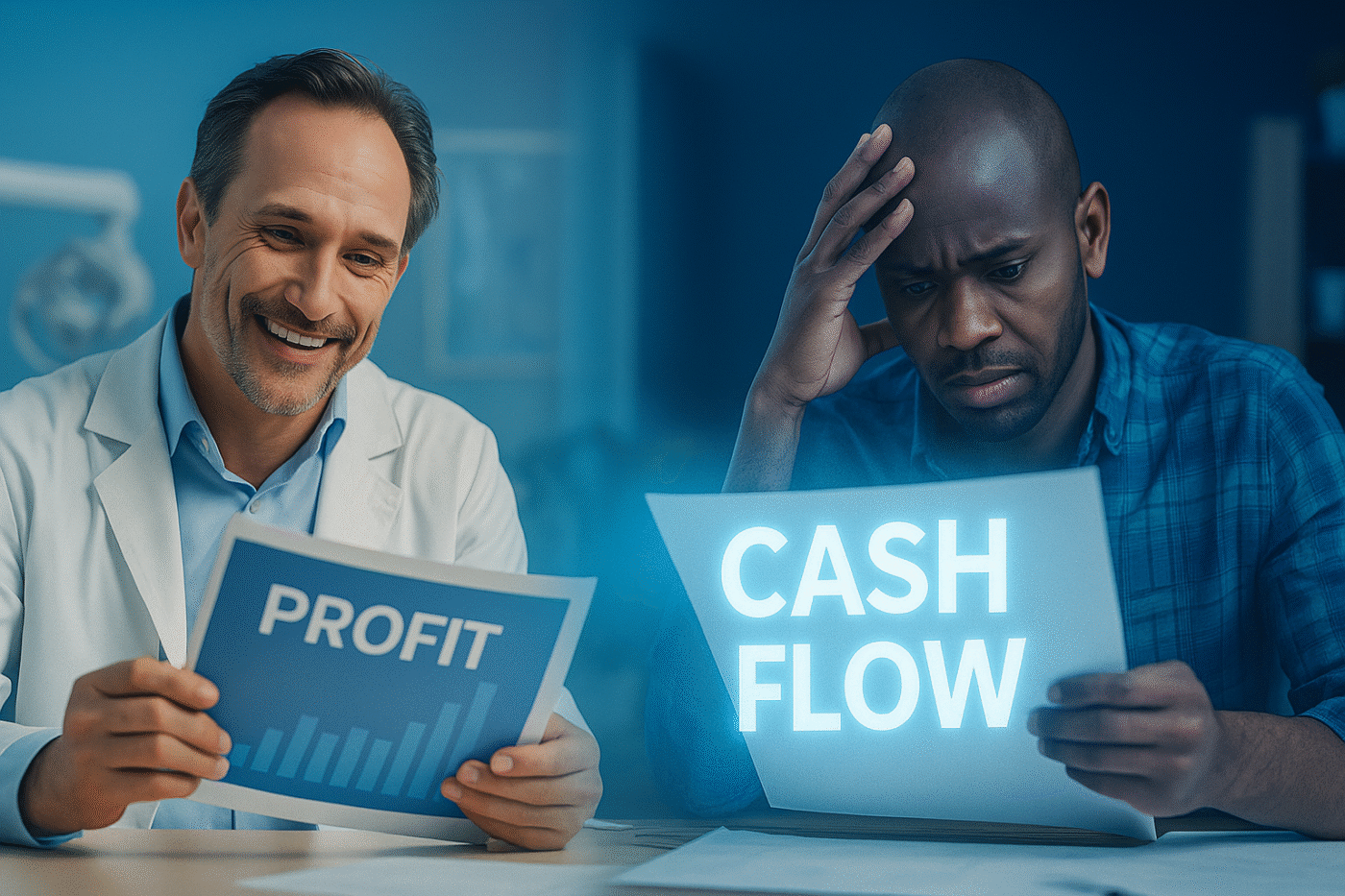 Split-screen image of a smiling dentist holding a “Profit” chart beside a worried bookkeeper reviewing a “Cash Flow” report, highlighting the importance of managing cash flow in clinics.