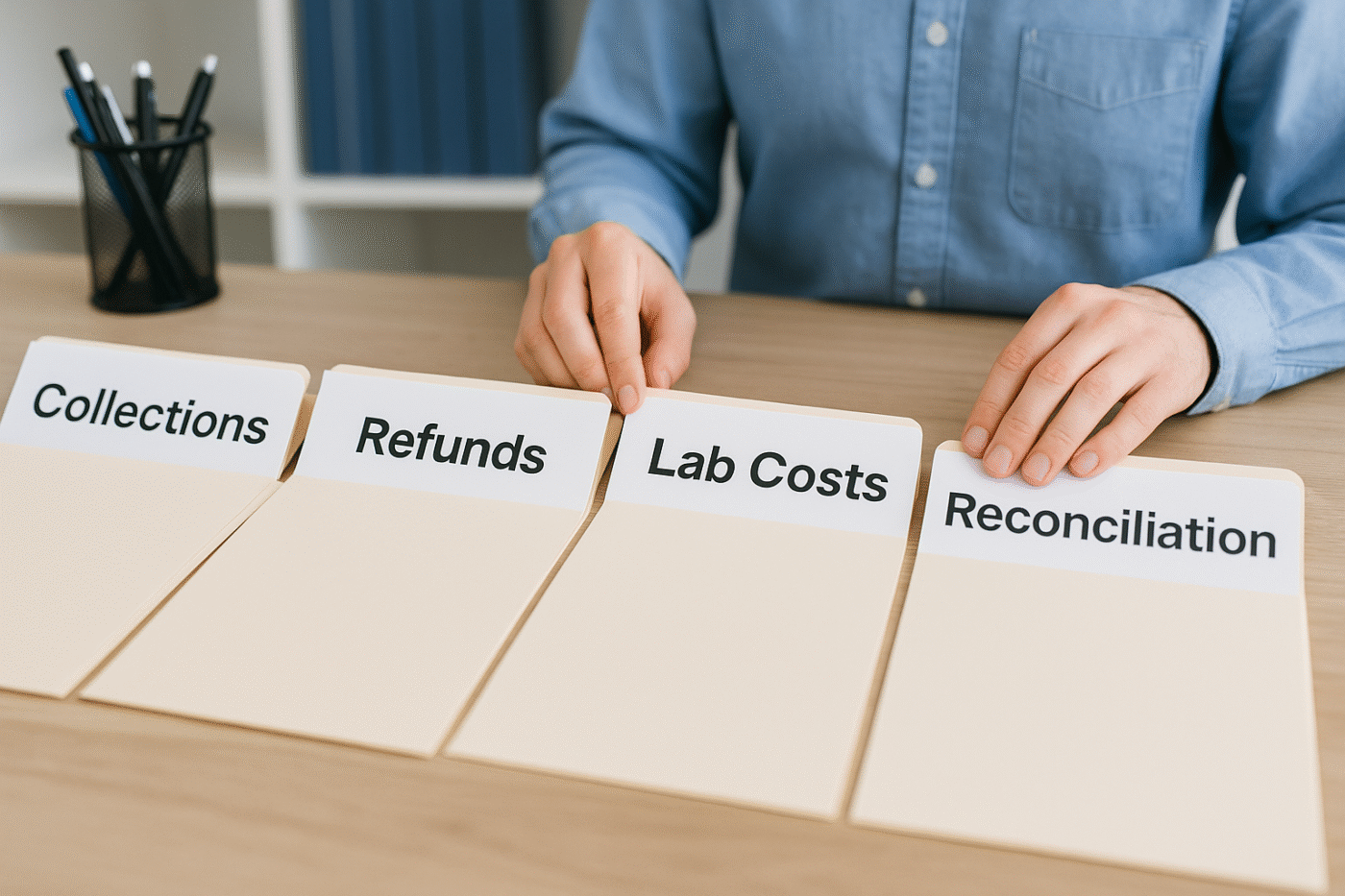 ChatGPT Image Oct 31, 2025, 09_39_24 AM Dental office manager organizing folders labeled Collections, Labs, Refunds, and Reconciliation.”)