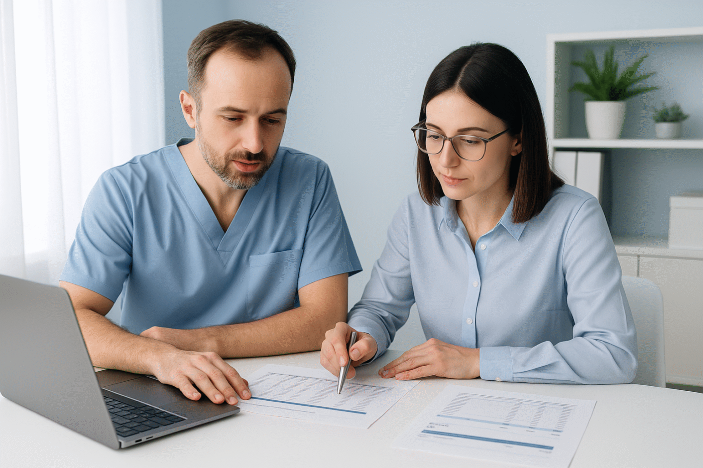Dentist reviewing associate fee reconciliation and lab cost reports in clinic