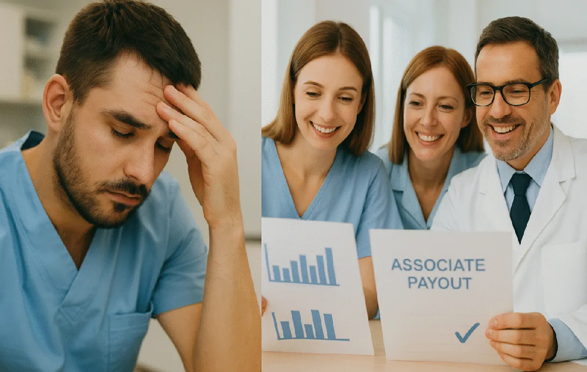 Dental-Professionals_-Stress-vs.-Success-scaled Dental professionals comparing associate payout reports — one stressed, others smiling after accurate reconciliation