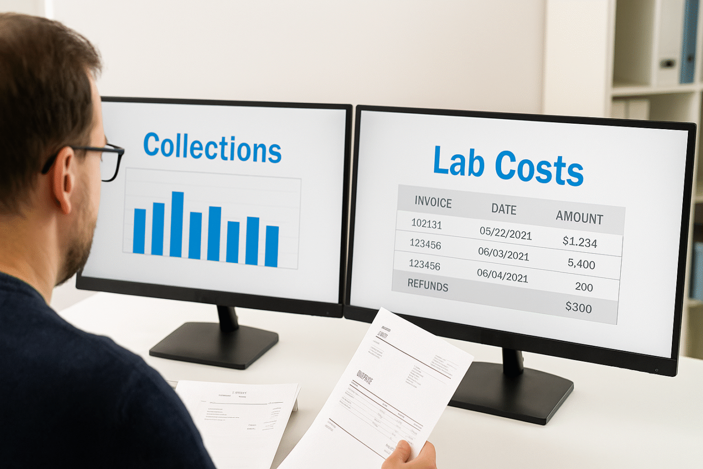 Dentist Office Financial Review Dentist reviewing clinic finances on a computer screen showing collections and lab costs charts.