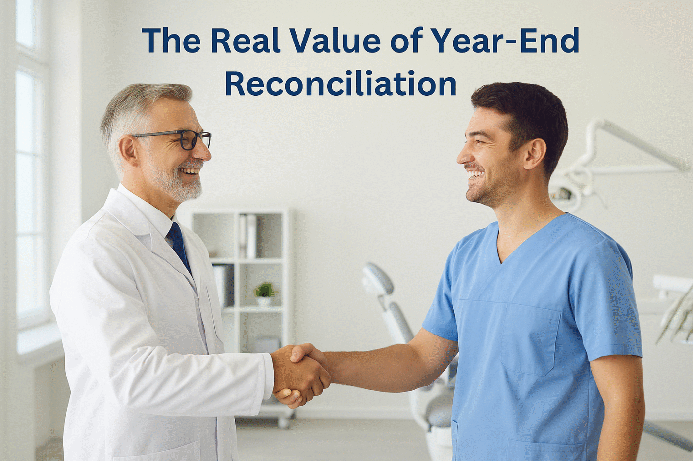 Dentist shaking hands with an associate- Value Dental associates confirming clinic payout accuracy after reconciliation