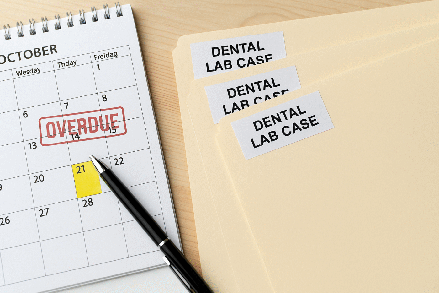 Late Lab Invoices and Clinic Payout Accuracy Example Dental bookkeeper reviewing late lab invoices affecting clinic payout accuracy.