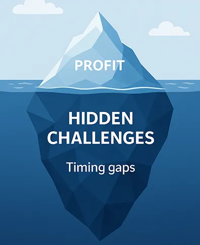 Profit on Paper Can Be a Mirage – Hidden Cash Flow Challenges for Clinics Iceberg metaphor showing visible profit above water and hidden cash flow challenges like timing gaps below the surface.