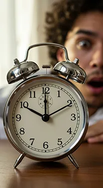 he Timing Gap That Creates Chaos – Cash Flow Delays in Clinics A worried business owner looking at a clock, symbolizing timing gaps that cause cash flow issues in clinics.