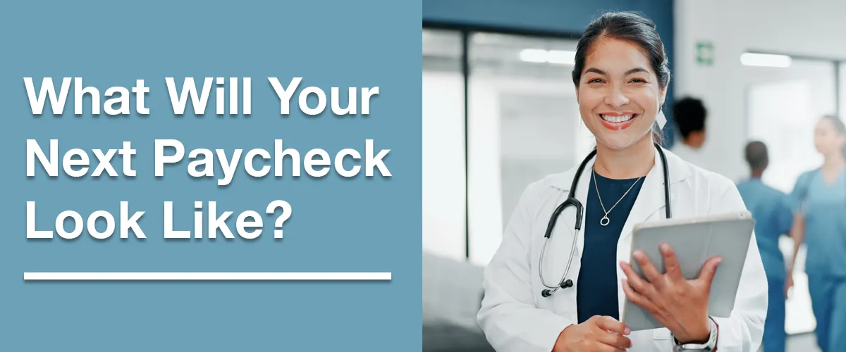 When Missing Entries Start Hurting Your Team – Clinic Payroll Accuracy Smiling healthcare professional holding financial records with the headline “What Will Your Next Paycheck Look Like?”, symbolizing how missing ledger entries affect staff payroll and clinic cash flow.