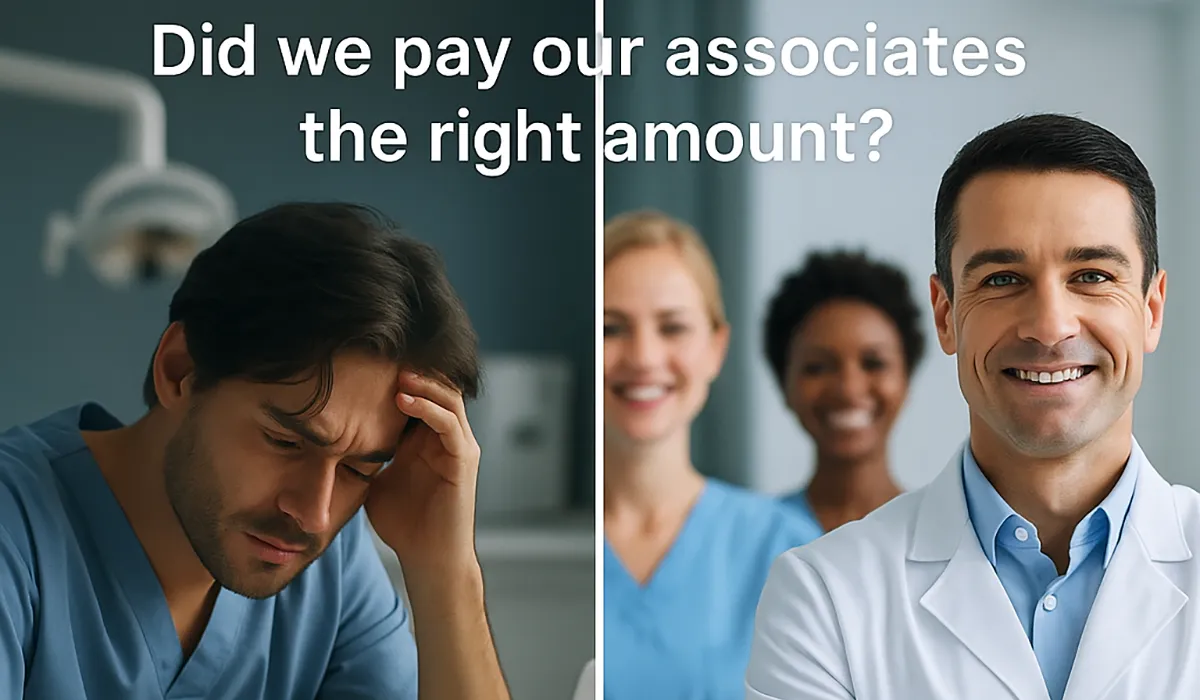 assosciate payment Dentist reviewing associate payout reports with a bookkeeper, representing accurate associate payment reconciliation in dental clinics