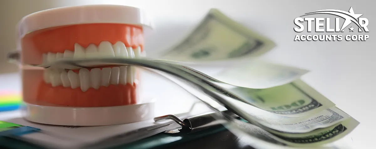 Dental bookkeeping concept with dentures and Canadian dollar bills symbolizing accurate bank reconciliation for dental clinics.