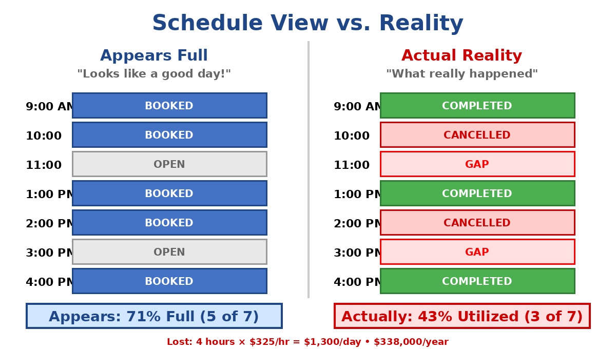 Schedule View vs. Reality – Hygiene Utilization Comparison | Stellar Accounts unbooked hygienist hours Split-screen chart comparing a dental hygiene schedule that appears full versus the actual utilization tracker showing hidden gaps in booked hours for BC dental practices.