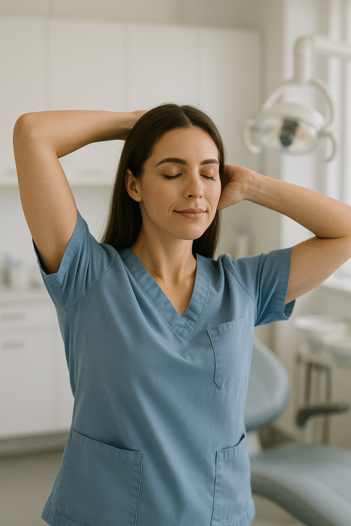 Relaxed hygienist taking a short break between patients.