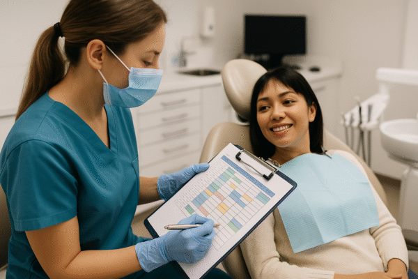 Right: Image of busy front desk or hygienist planning schedule
