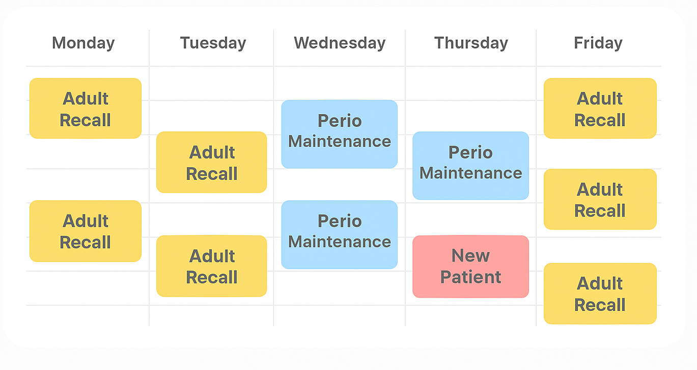 ChatGPT Image Nov 8, 2025, 07_01_04 PM Digital weekly dental hygiene schedule with color-coded appointment blocks in a clean, organized layout representing efficient clinic planning